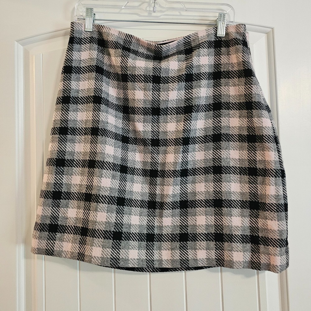 Talbots Plaid Mini Skirt Womens 12P Pink Grey Wool Blend Tweed A-Line NWT - Picture 1 of 5